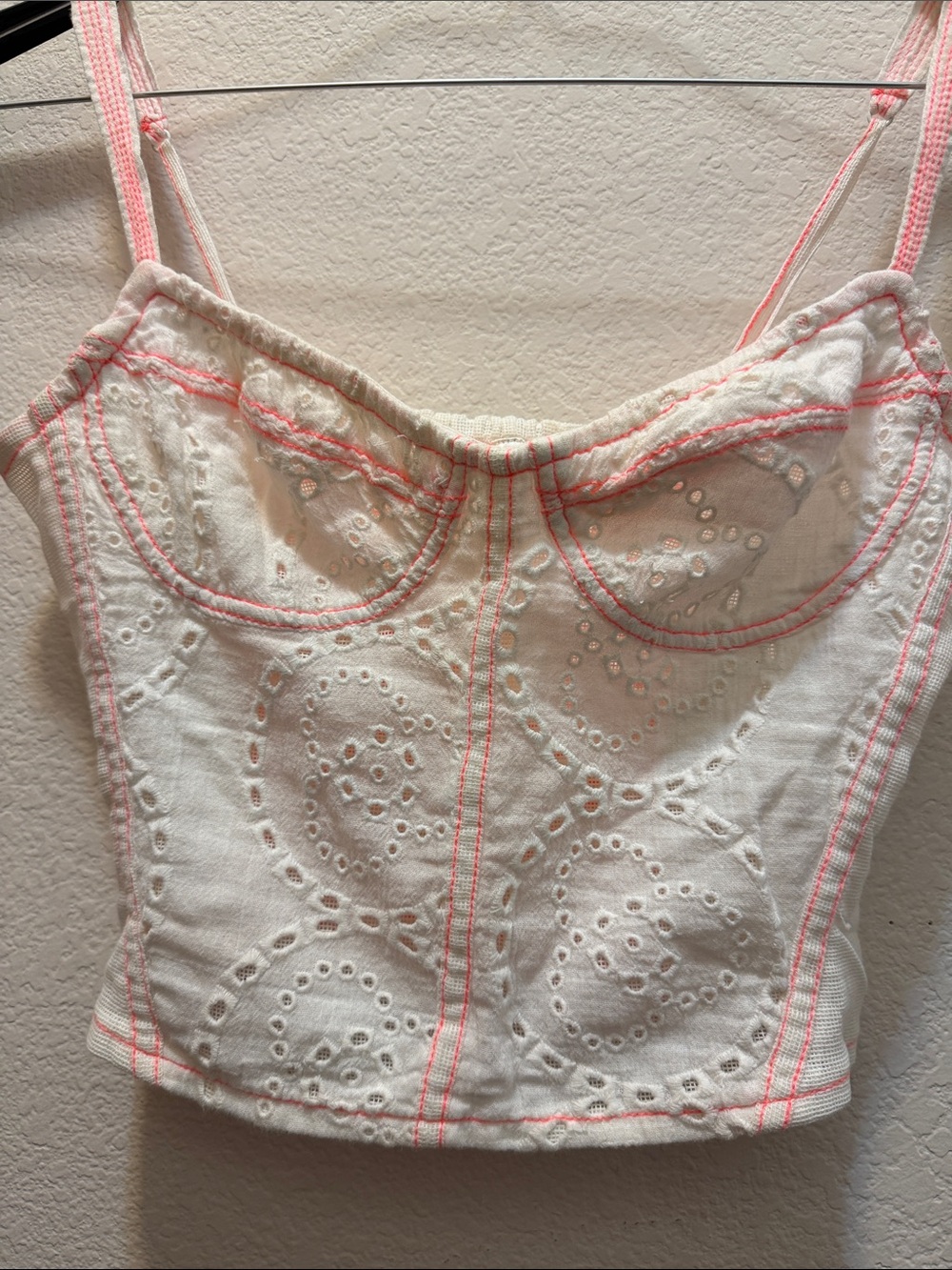 Free People White Eyelet Corset Tank with Pink Trim